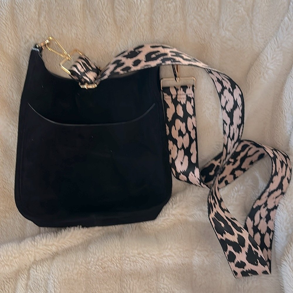 Ahdorned black suede crossbody